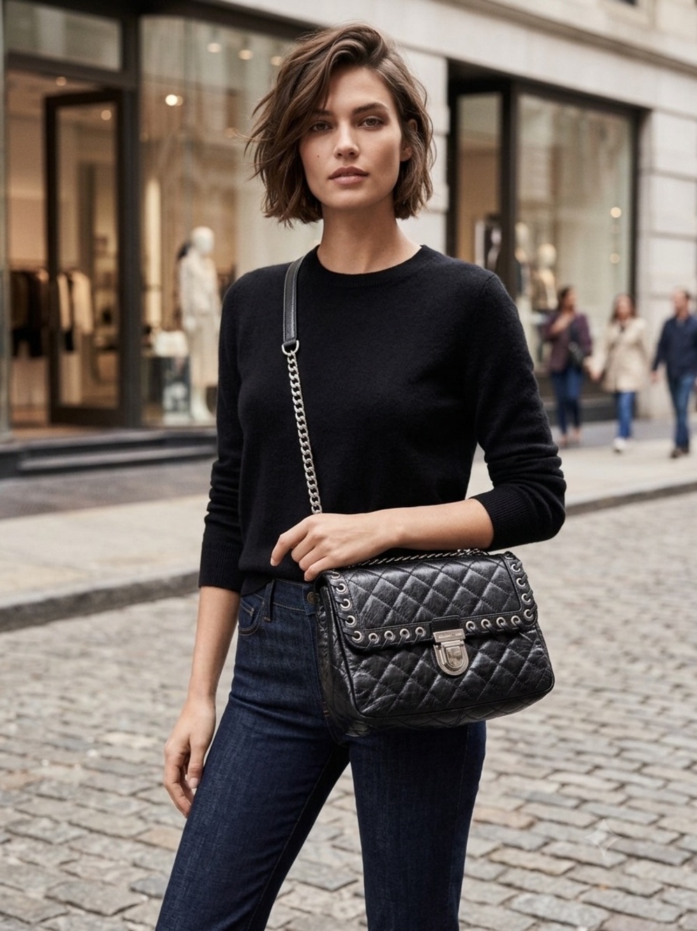 Michel Kors- Quilted Black Crossbody Shoulder Bag with Chain Strap